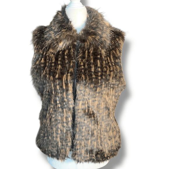 Deadstock Vintage 90s Faux Fur Vest Brown Black Feather Textured Pattern Small - Picture 3 of 13